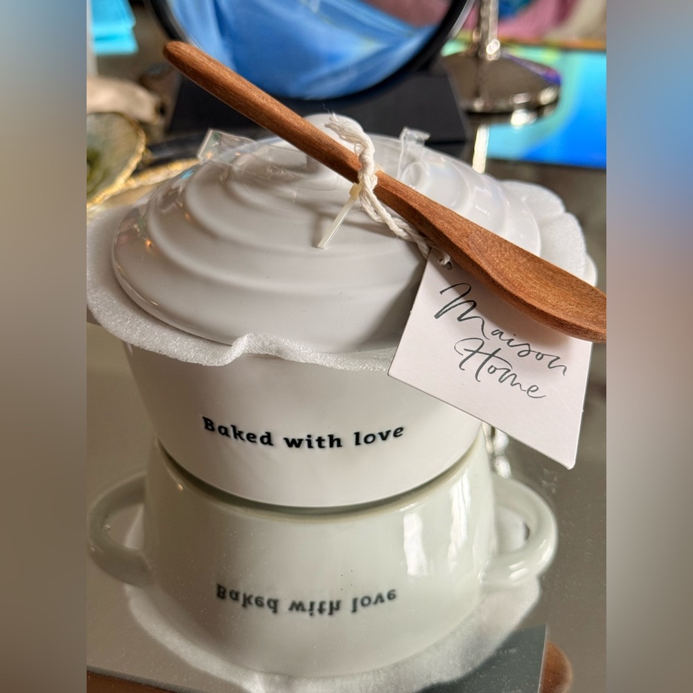Maison Home “Baked With Love” Ceramic Mini Dutch Oven w/ Lid & Wood Spoon – New